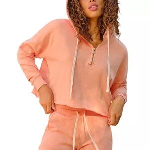 NWT AMO Sherbet Zip Cropped Cotton Hoodie Pink Cozy Sporty Soft Fall Casual